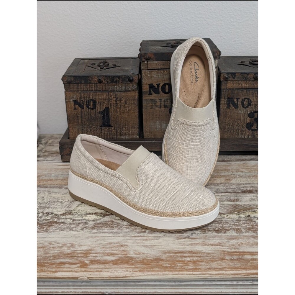 Clarks Layton Petal Stripe Cream Silver Woven Flatform Slip Ons Sz 7W